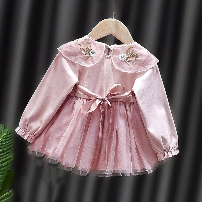 us children's wholesale clothing Baby Girl Embroidery Pattern Solid Color Dress - PrettyKid