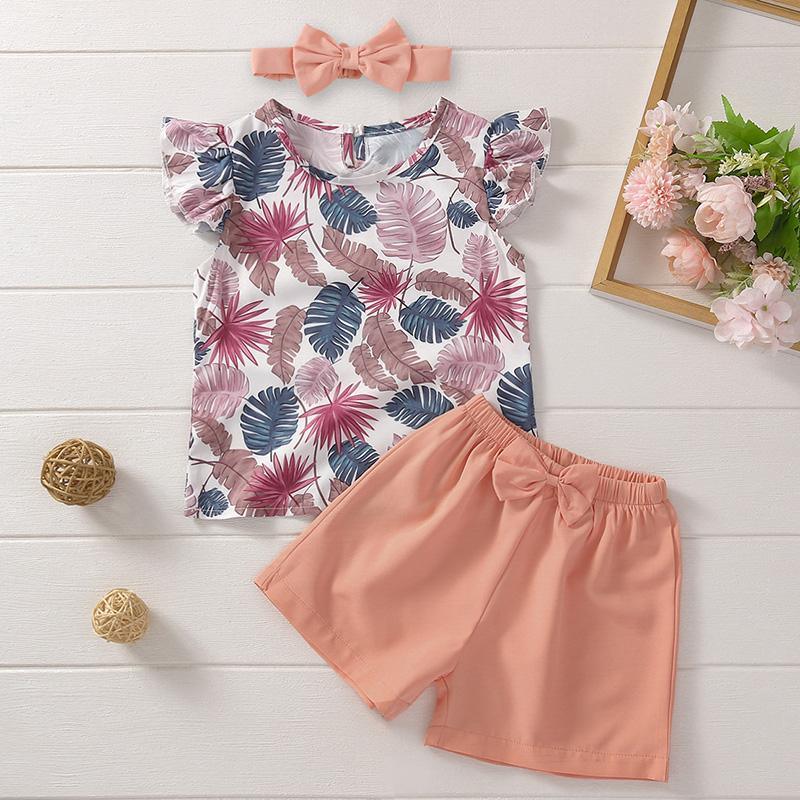 Toddler Girl Leaf Print Top & Shorts & Bowknot Headband - PrettyKid