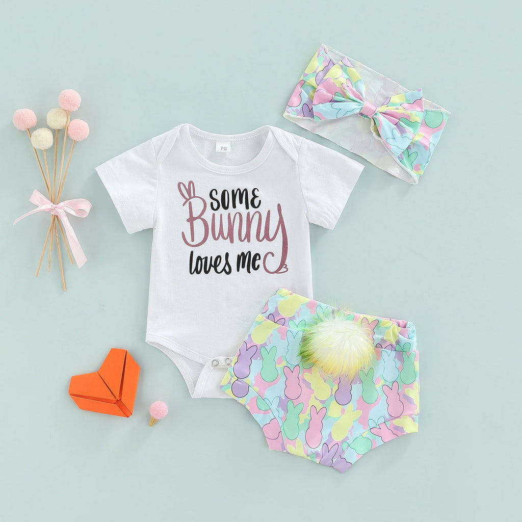 6-24M Baby Girls Birthday Sets Some Bunny Loves Me Print Bodysuit & Ball Shorts Wholesale Baby Clothes - PrettyKid