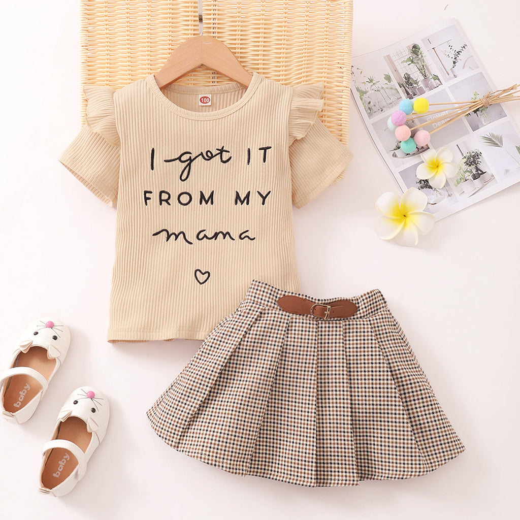 9M-6Y 2 Piece Sets For Girls Wooden Ear Trimmed Short-Sleeved Plaid Skirt Cute Toddler Girl Clothes Wholesale - PrettyKid