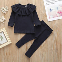 Solid Ruffled Long-sleeve Top and Pants Set Wholesale children's clothing - PrettyKid