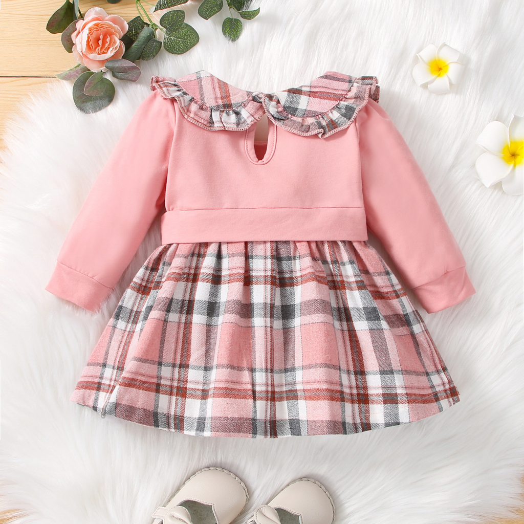 Toddler Girl Pink Plaid Print Long Sleeve Dress - PrettyKid
