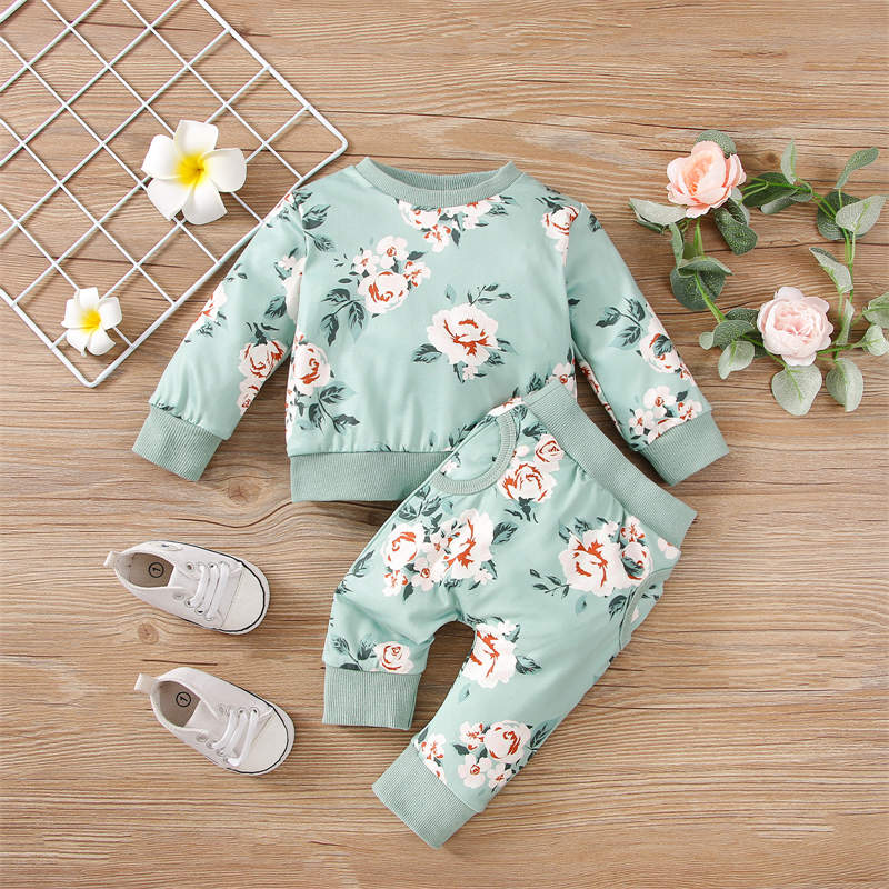 Baby Girl Sweet Floral Print Cotton Long Sleeve Suit - PrettyKid