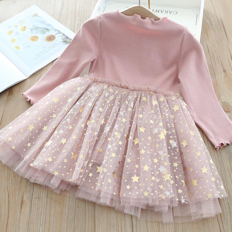 Cartoon Long-sleeved Star Pattern Mesh Dress for Toddler Girl - PrettyKid