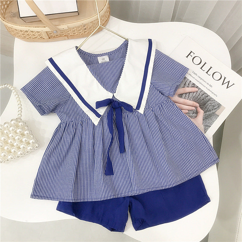 9months-6years Toddler Girl Sets Children's Clothing 2022 Summer Girls' Navy Lapel Plaid Shirt Two-Piece Set - PrettyKid