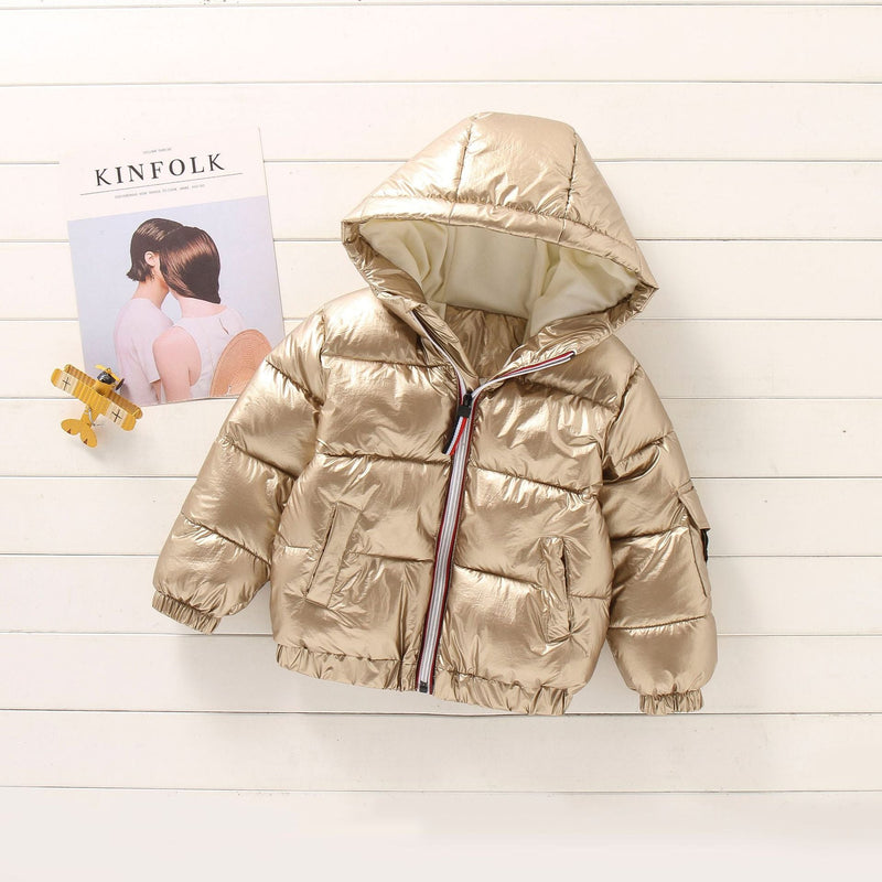 18M-7Y Warm Cotton Coat Velet Thick Bright Surface Waterproof Jacket With Hat Wholesale Kids Boutique Clothing - PrettyKid