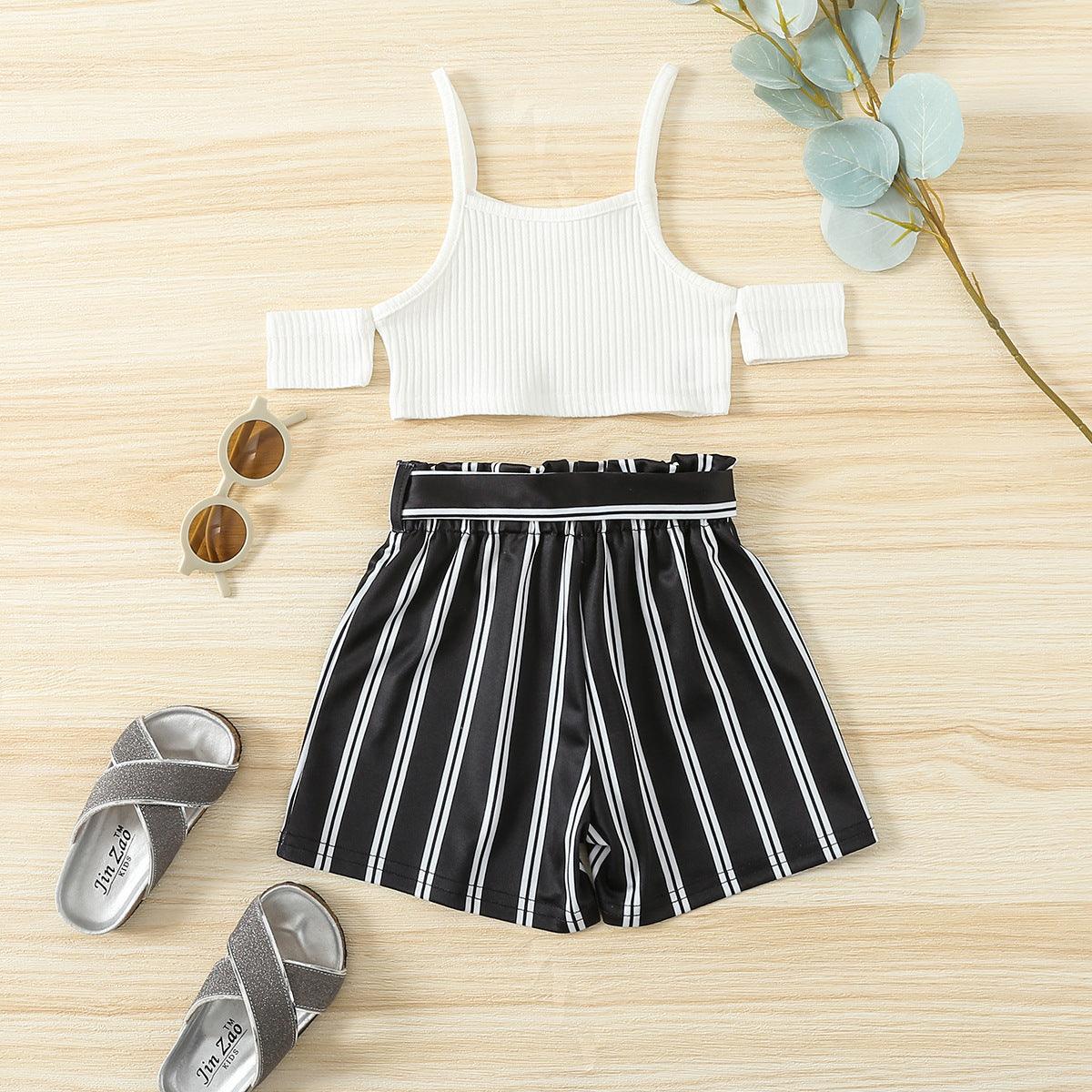 18months-6years Toddler Girl Sets Summer Girls Suit Solid Color Strapless Top Striped Shorts Suit - PrettyKid