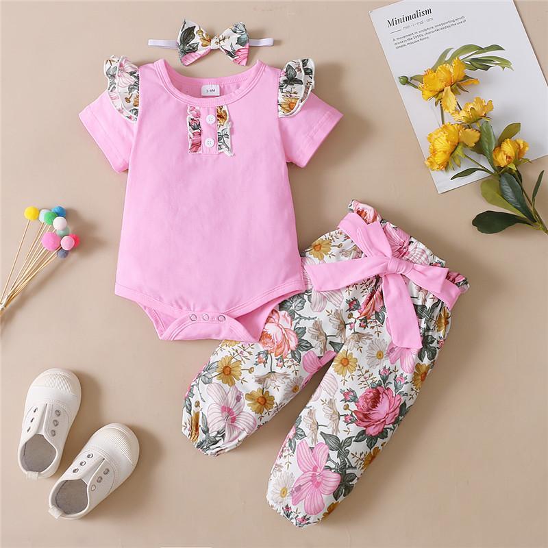 baby girl wholesale clothing Baby Girl Ruffle Sleeve Bodysuit & Floral Pants & Headband Wholesale Children's Clothing - PrettyKid