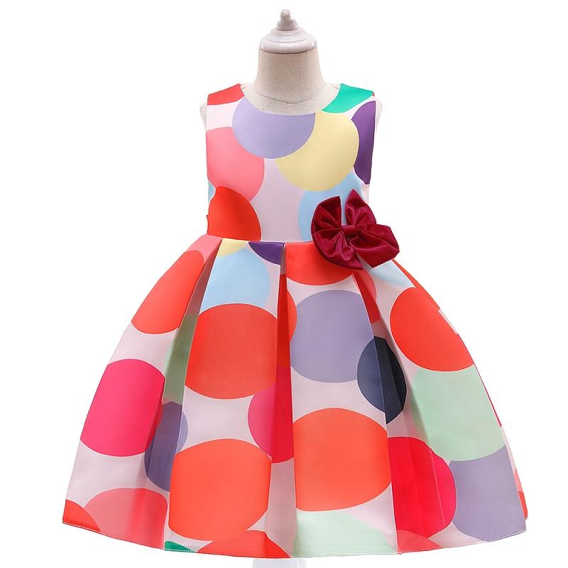 Girl Bow Decor Colorful Dot Print Sleeveless Formal Dress - PrettyKid