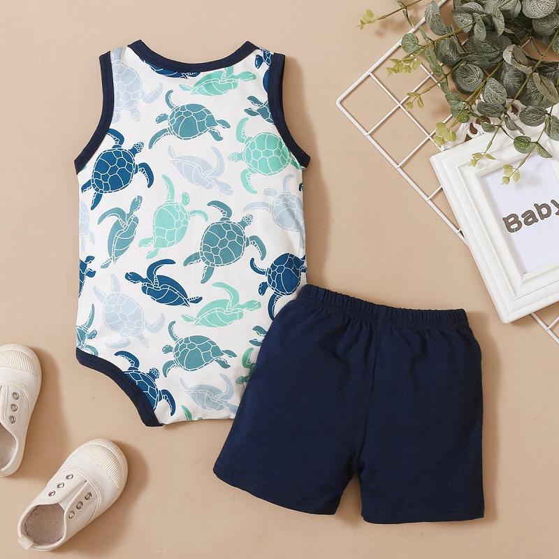 New Born Baby Boy Turtle Print Bodysuit & Solid Color Shorts - PrettyKid