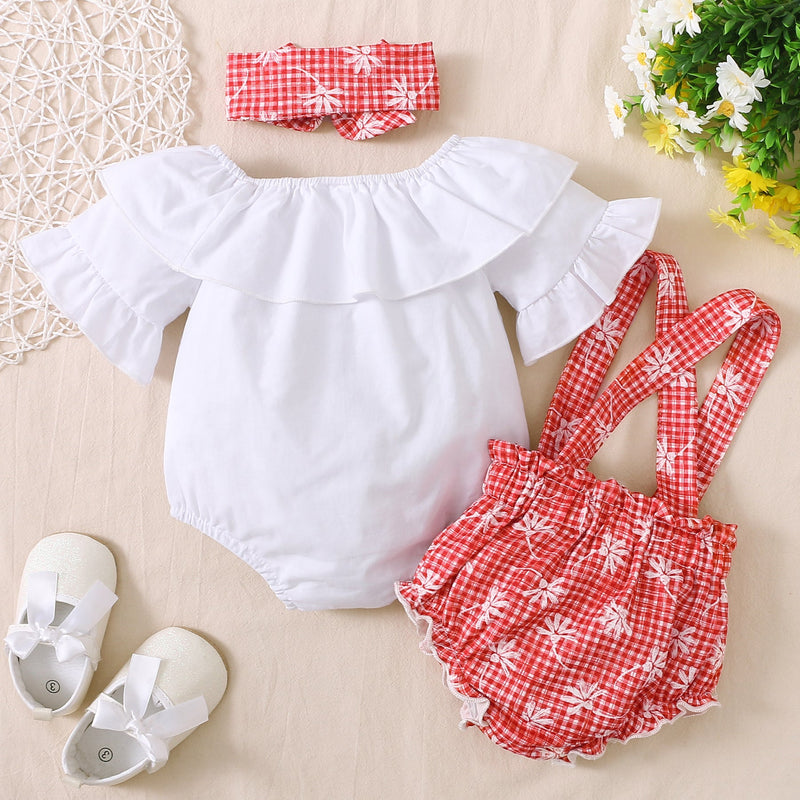 Baby Girl Ruffle-Neck Flared-Sleeve Top And Plaid Overalls With Headband Baby Outfit Sets - PrettyKid