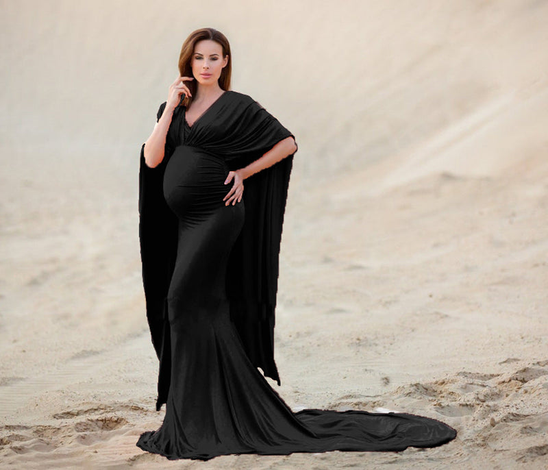 Cloak Solid V-Neck Mopping Long Pregnant Woman Artistic Photo Maternity Dresses - PrettyKid