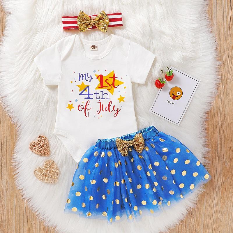 Baby Girl Independence Day Romper & Tutu Mesh Skirt & Bowknot Headband - PrettyKid