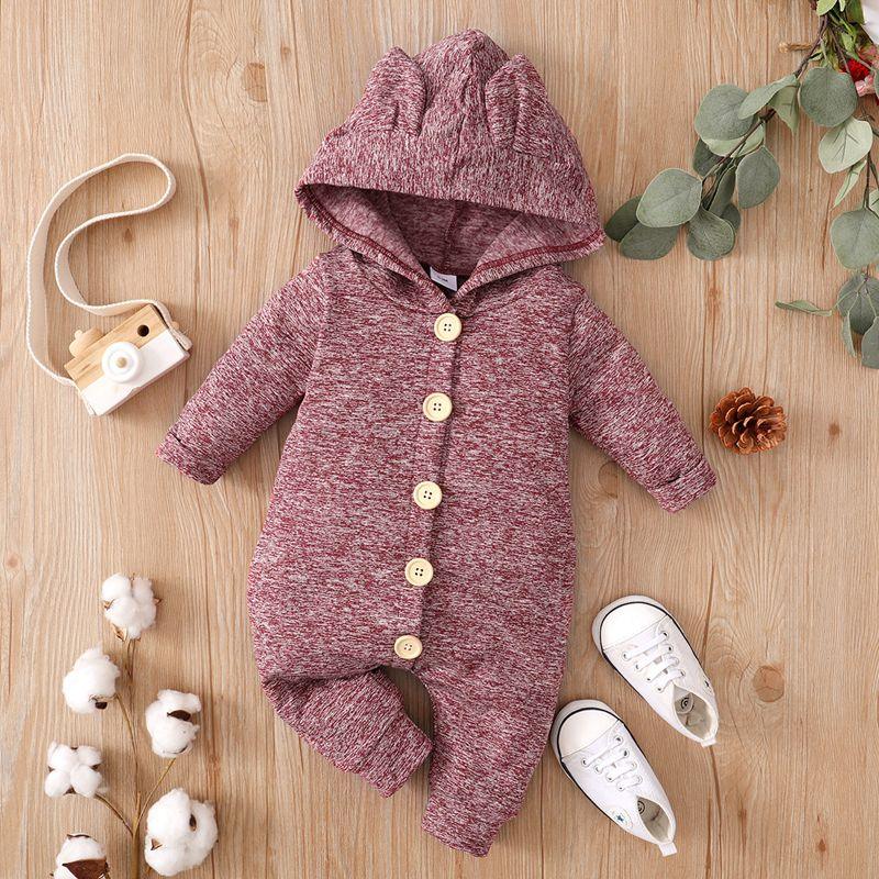 Baby Girl Casual Solid Rabbit-ear Long Sleeve Hooded Jumpsuit - PrettyKid