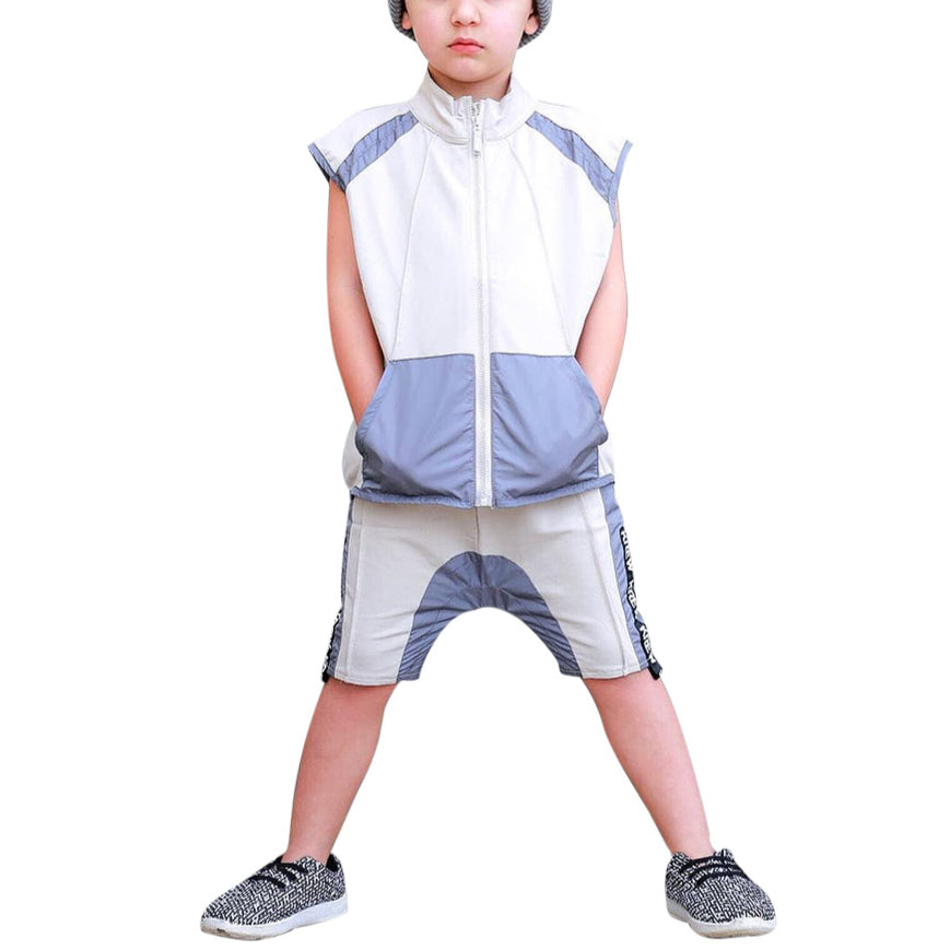 Color Block Zipper Letters Sleeveless Jackets And Shorts Little Boys Sets - PrettyKid