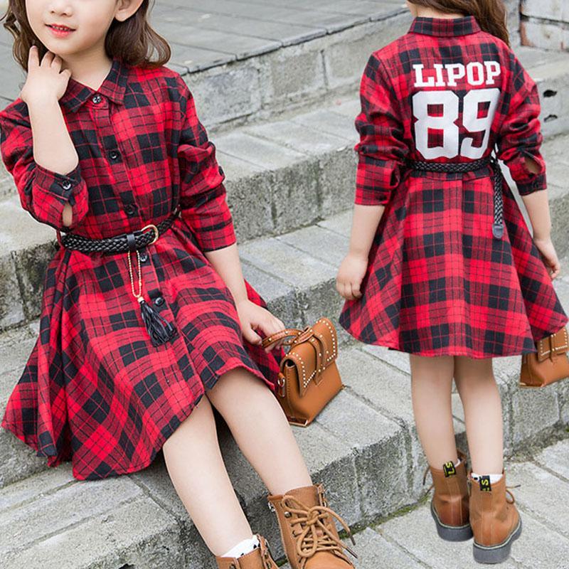 Long-Sleeve Plaid Dress with a Belt - PrettyKid