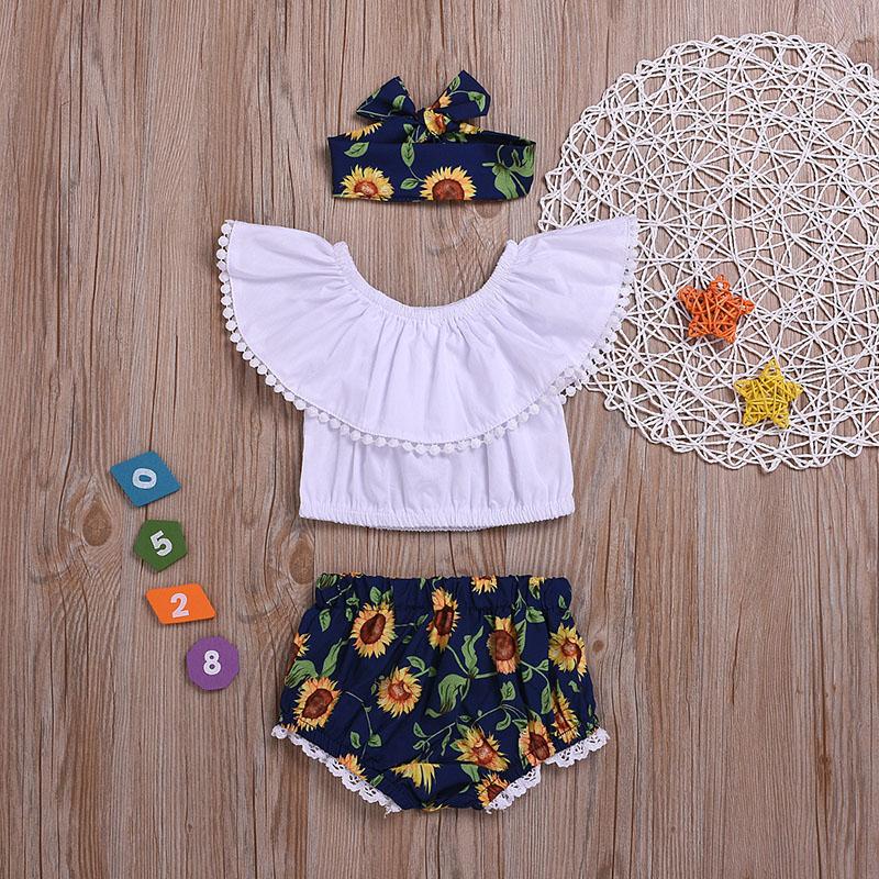3-piece Solid Tassel Tops & Floral Printed Shorts & Headband for Baby Girl Wholesale children's clothing - PrettyKid