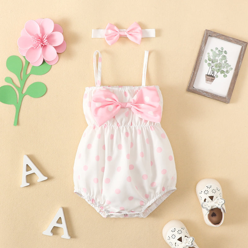 0-18M Baby Girls Cami Bodysuit Bow Polka Dots And Headband Wholesale Baby Clothes - PrettyKid