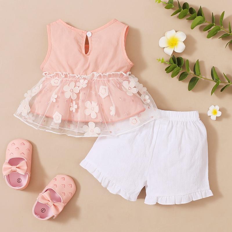 Toddler Girl Sleeveless Mesh Stitching Top & Solid Color Shorts - PrettyKid