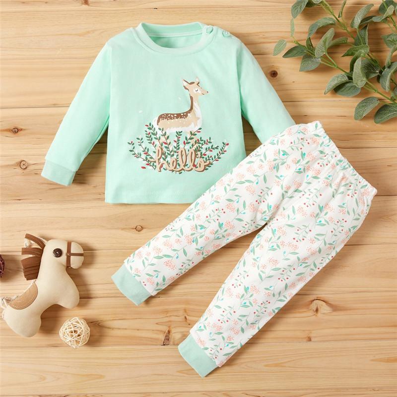 Toddler Sika Deer Top and Floral Pants Pajamas Set Wholesale children's clothing - PrettyKid