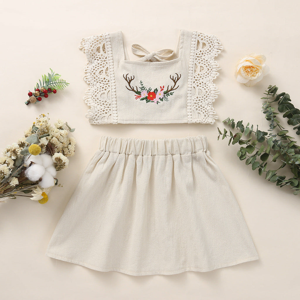 6months-3years Baby Sets 2022 New Girl's Clothing Baby Girl Summer Solid Color Lace Embroidery Top & Skirt 2-Piece Set - PrettyKid