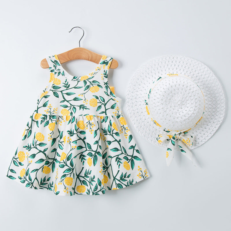 3-24M Printed Sleeveless Crew Neck Dress Hat Wholesale Baby Clothes - PrettyKid