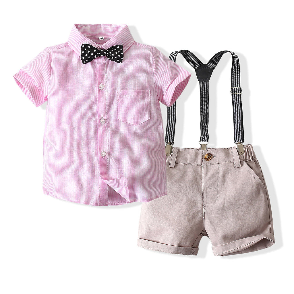Baby Boys Suit Sets Striped Bowtie Shirts & Suspender Shorts Wholesale Baby Clothes In Bulk - PrettyKid