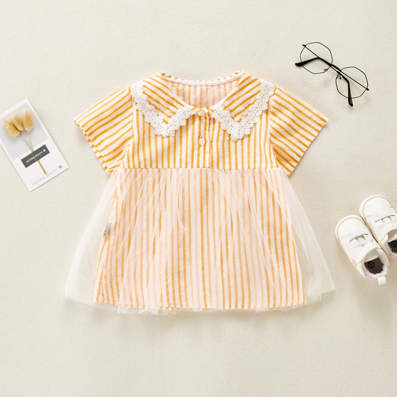 Baby Girl Color Stripes Lace Collar Mesh Hem Dress - PrettyKid