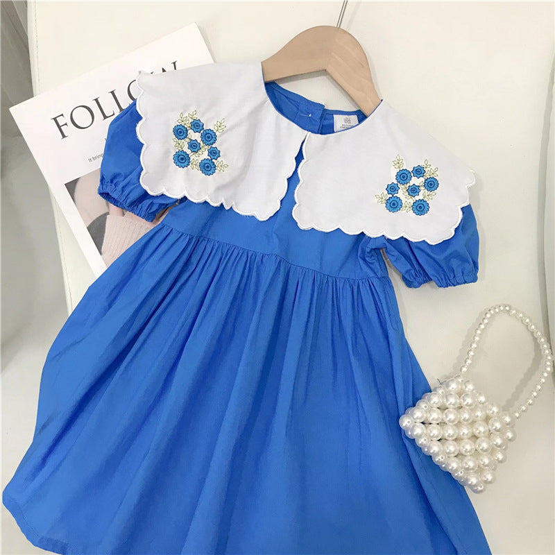 9M-6Y Cute Dresses For Girls Short Sleeve Thin Lapel Puff Sleeves Color Blocking Toddler Girl Wholesale Boutique Clothing - PrettyKid