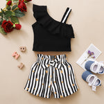 12M-5Y Wooden Ear One-Shoulder Sling Print Striped Shorts Suit Toddler Girl Wholesale Clothing - PrettyKid