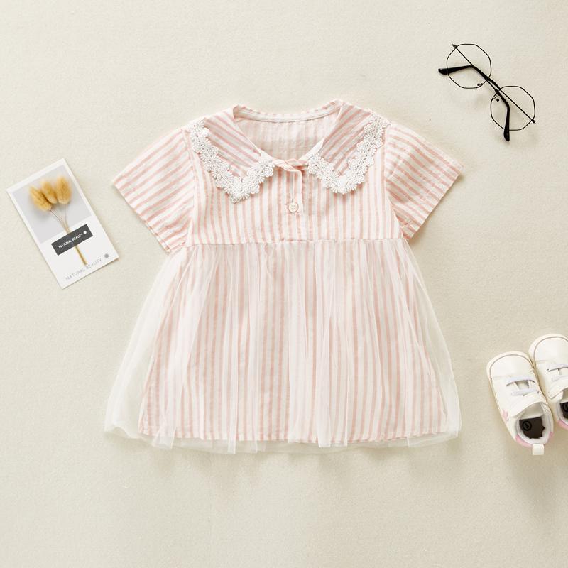 Baby Girl Color Stripes Lace Collar Mesh Hem Dress - PrettyKid