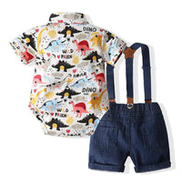 Baby Boys Summer Cartoon Dinosaur Print Shirt & Overalls Shorts Two Piece Sets - PrettyKid