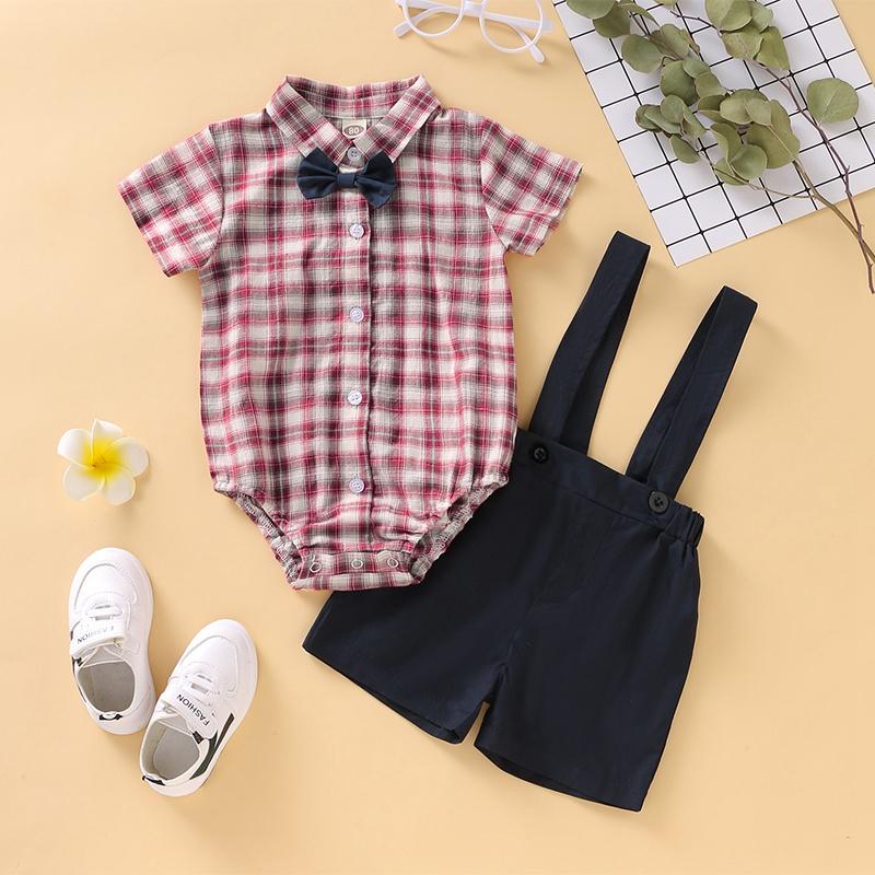2-Piece Plaid Bownot Decoration Babysuit and Overalls - PrettyKid