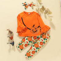 Toddler Girls Solid Pumpkin Print Top Pants Hair Band Halloween Three Piece Set - PrettyKid