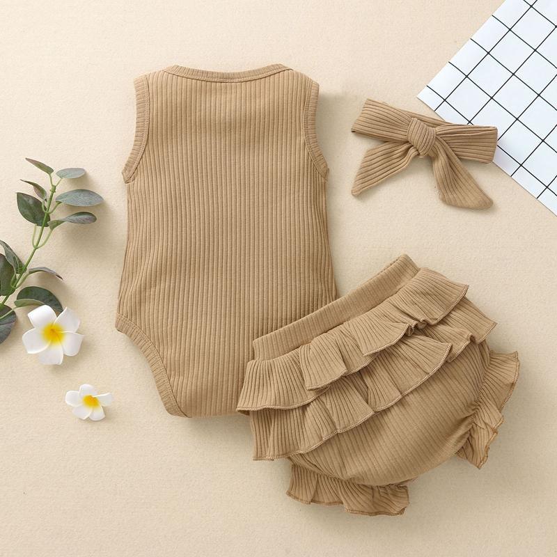 Baby Girl 3pcs Solid Pattern Suit Bodysuit & Short & Headhand - PrettyKid