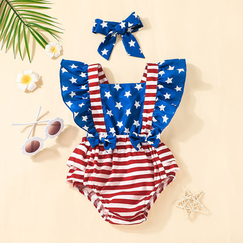 0-18M Baby Girl Rompers Sleeveless Independence Day Striped Panel Headband Baby Clothes In Bulk - PrettyKid