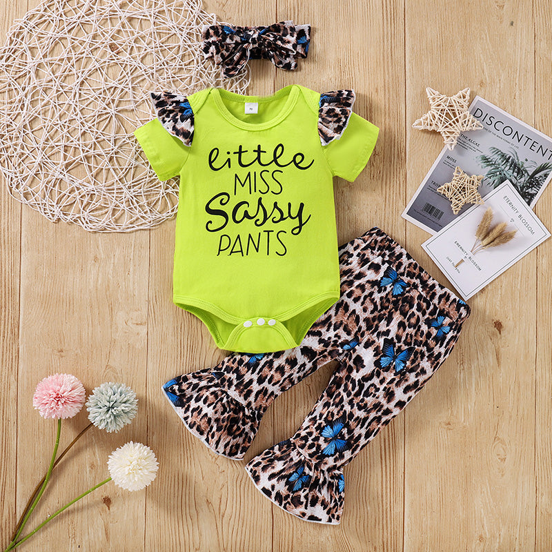 Baby Girl Letter Print Bodysuit And Leopard-Print Flared Pants With Headband Two Piece Baby Sets - PrettyKid