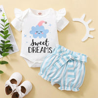 Baby Girl Cartoon Cloud Pattern Letter Print Bodysuit & Striped Shorts - PrettyKid