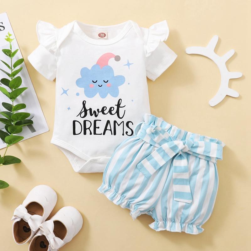 Baby Girl Cartoon Cloud Pattern Letter Print Bodysuit & Striped Shorts - PrettyKid