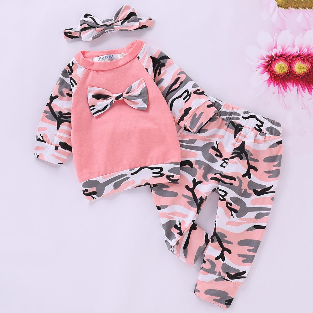 Baby Girls 3-Piece Camouflage Tops & Pants & Headband Wholesale Baby Clothes - PrettyKid