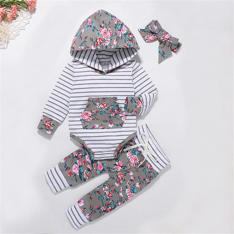 Baby Girls 3-Piece Floral Stripe Printed Hooded Sets Baby Wholesale - PrettyKid