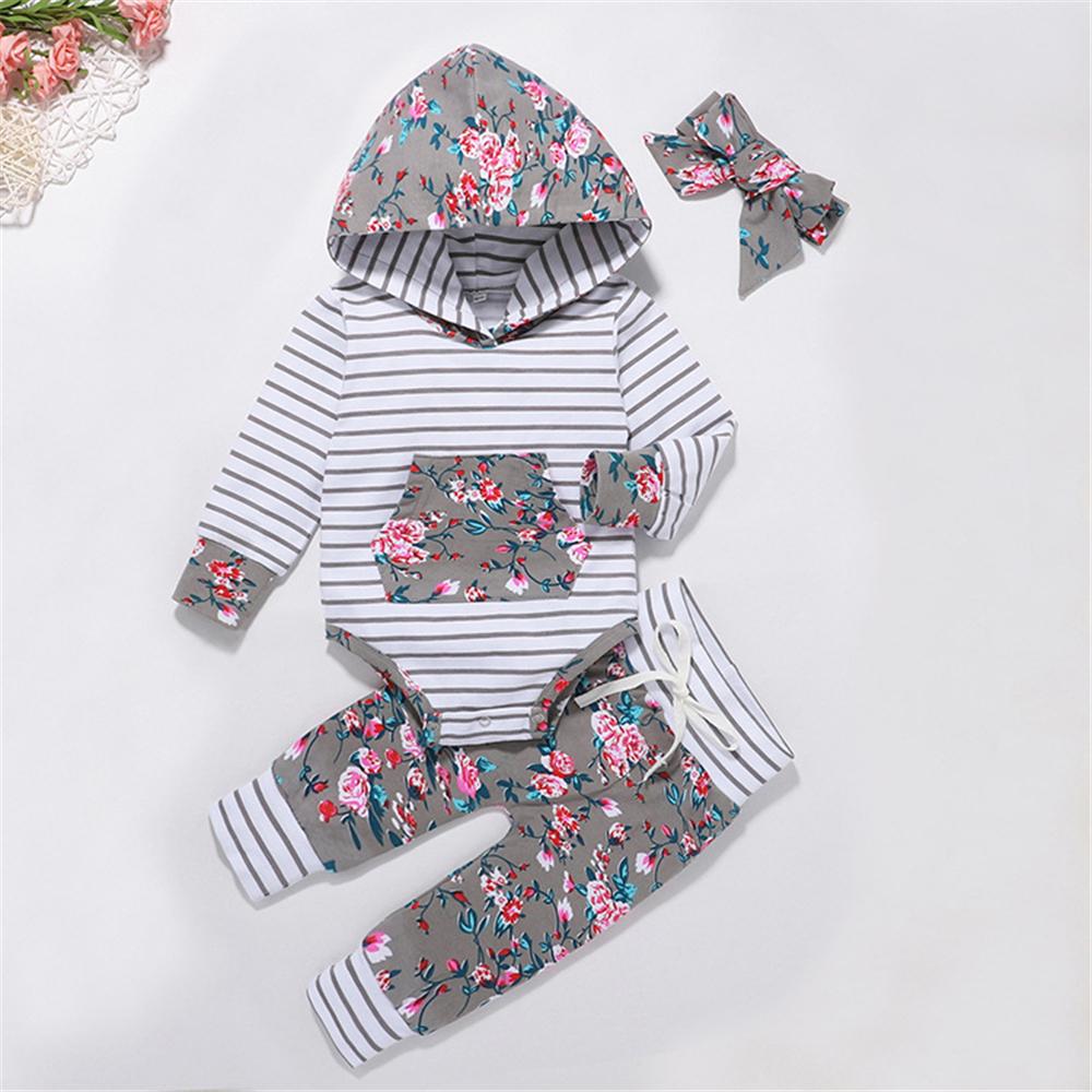 Baby Girls 3-Piece Floral Stripe Printed Hooded Sets Baby Wholesale - PrettyKid