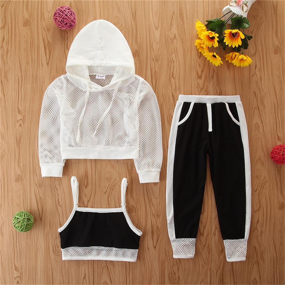 Girls 3-Piece Hollow Out Hooded Tops & Tank & Pants Wholesale - PrettyKid