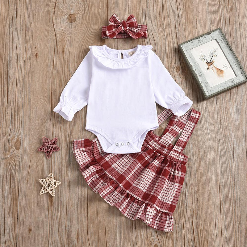 Baby Girls 3-Piece Romper & Plaid Skirt & Headband Wholesale Baby Clothes In Bulk - PrettyKid