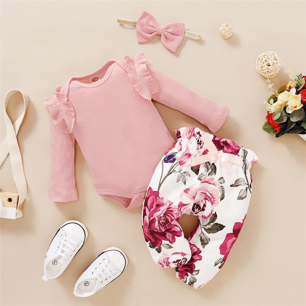 Baby Girls 3-Piece Ruffled Long Sleeve Floral Romper Sets Baby Wholesales - PrettyKid