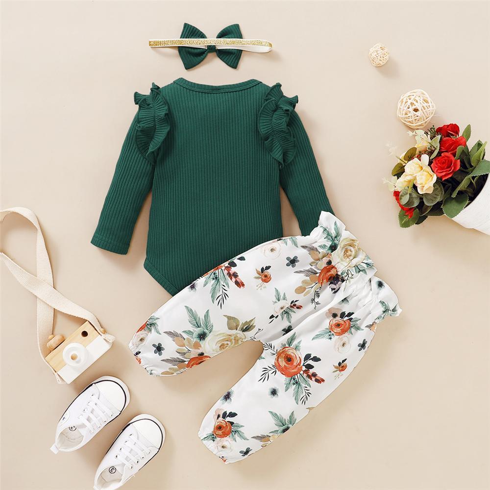 Baby Girls 3-Piece Ruffled Long Sleeve Floral Romper Sets Baby Wholesales - PrettyKid
