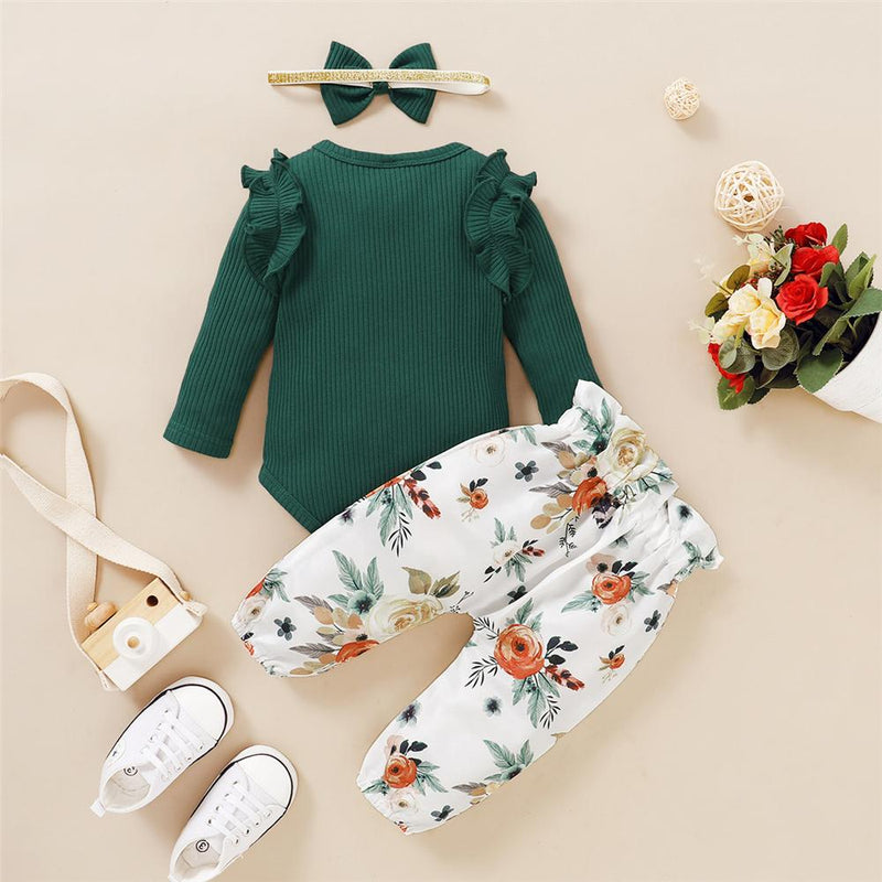 Baby Girls 3-Piece Ruffled Long Sleeve Floral Romper Sets Baby Wholesales - PrettyKid