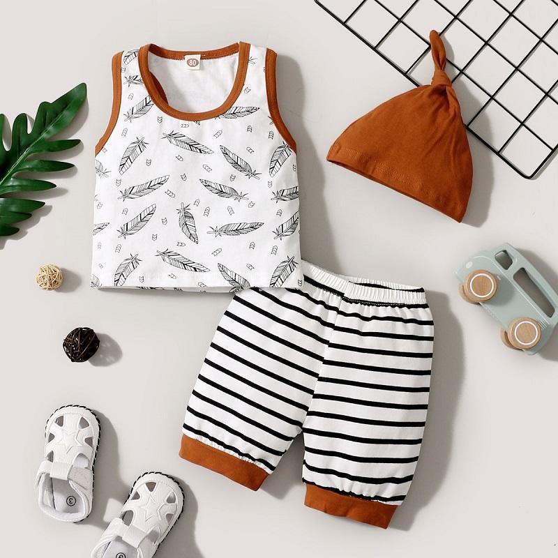 Baby Boy Leaf Print Tank & Striped Shorts & Hat - PrettyKid