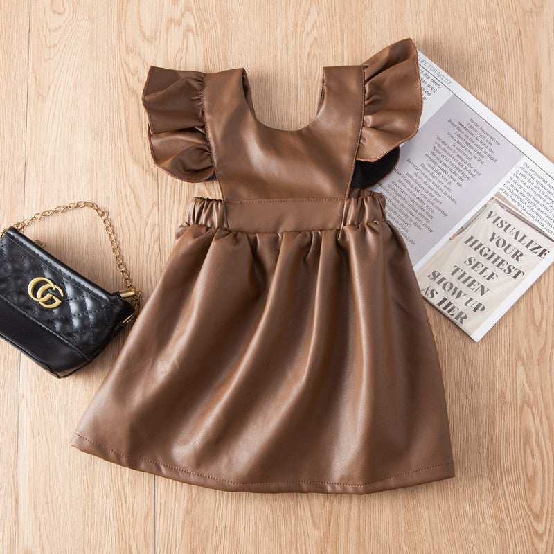 Toddler Girl Solid Color Ruffle Trim Leather Dress - PrettyKid