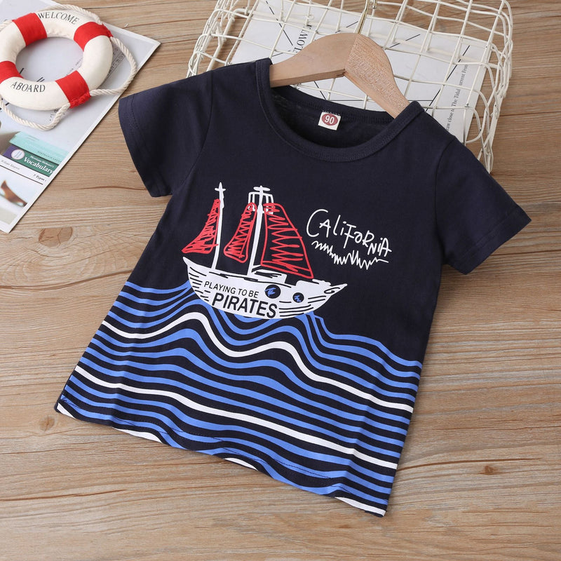 Boys Sailboat Print Short-Sleeved Tee Shirts For Toddlers - PrettyKid